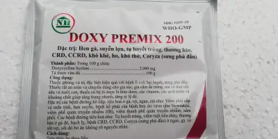 1 gói DOXY PREMIX 200 50 g Đặc tr-ị: Hen gà, suyễn lợn, tụ huyết trừng, thương hàn, CRD, CCRD, khò khè, ho, khó thở, Coryza (sưng phù đầu)