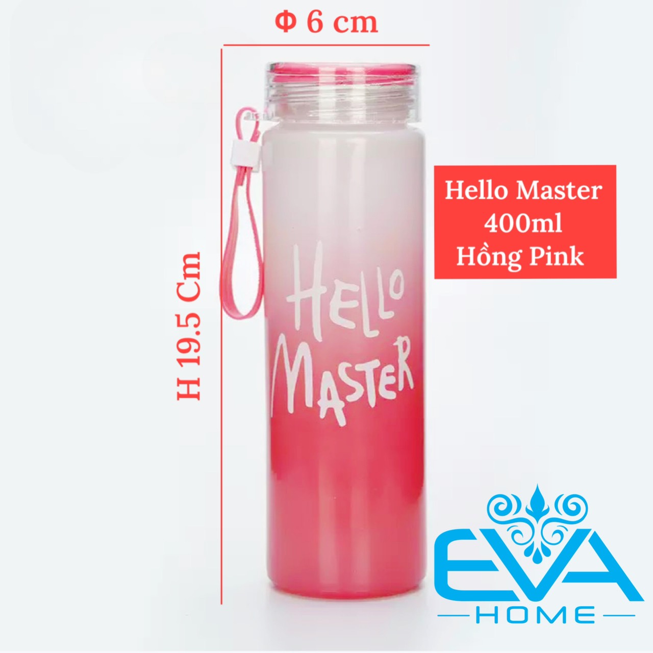 Bình đựng nước thủy tinh màu mờ in chữ hello master kèm dây xách 450 ml