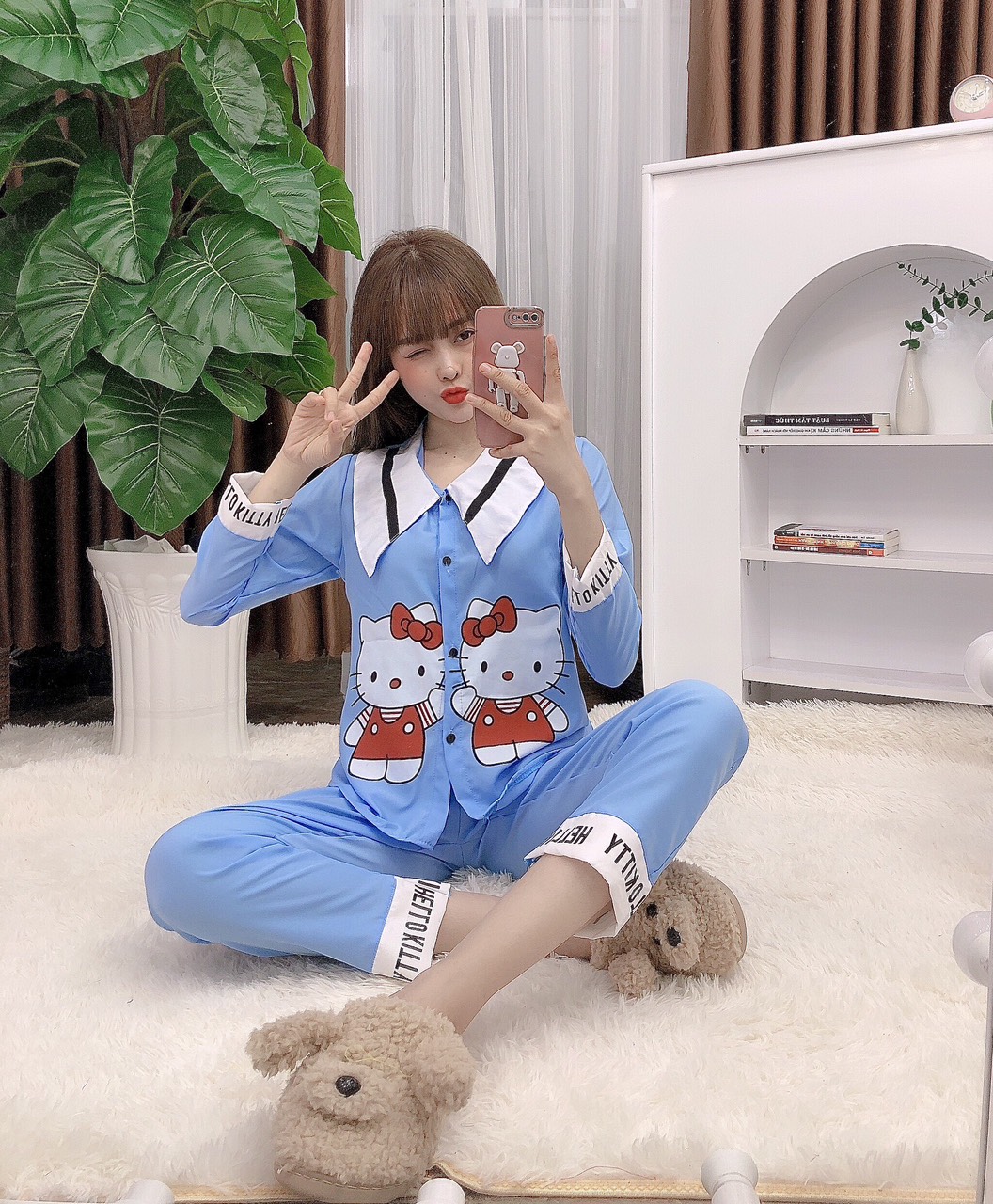 Đồ Bộ Pijama Tay Dài Vải Kate Lụa Cột Nơ Mềm Mại Freesize Dưới 58Kg
