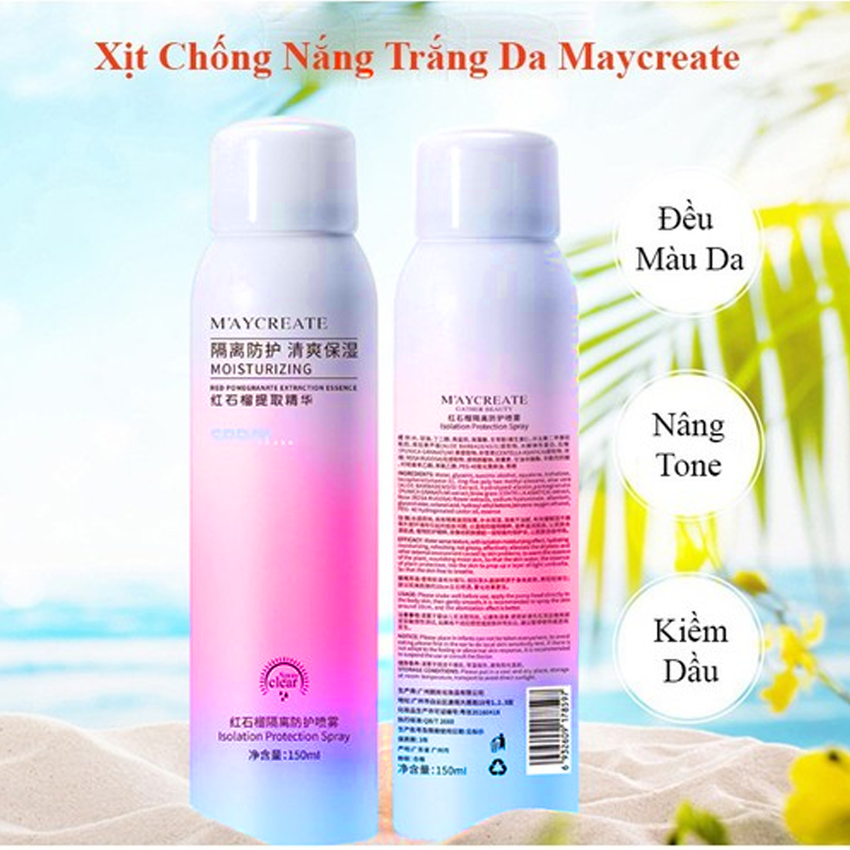 Xịt chống nắng trắng da Maycreate Moisturizing Spray nội địa Trung