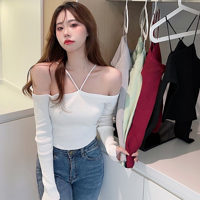 Áo kiểu trễ vai dài tay nữ phong cách hàn quốc siêu xinh
