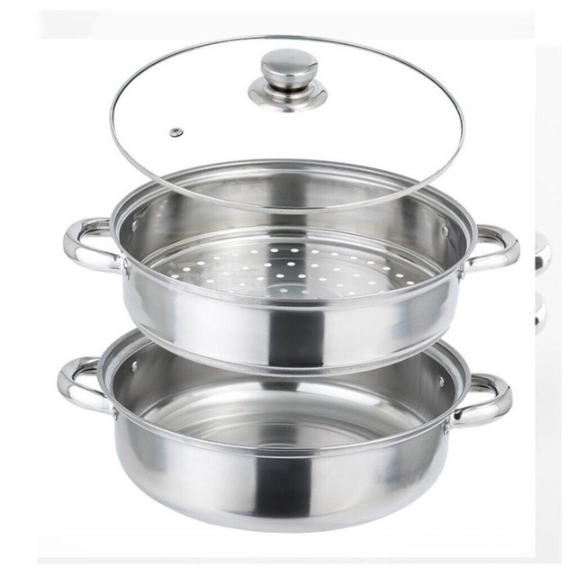 [Dùng được bếp từ] Nồi hấp cách thủy đa năng 2 tầng inox - Bộ Nồi Xửng Hấp Inox COOK 28cm Nắp Kính dày cao cấp