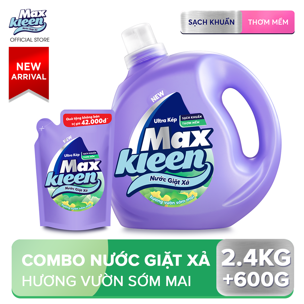 CAN Nước giặt xả Maxkleen 2.4kg Hương Vườn Sớm Mai tặng Túi Nước giặt xả 600 g