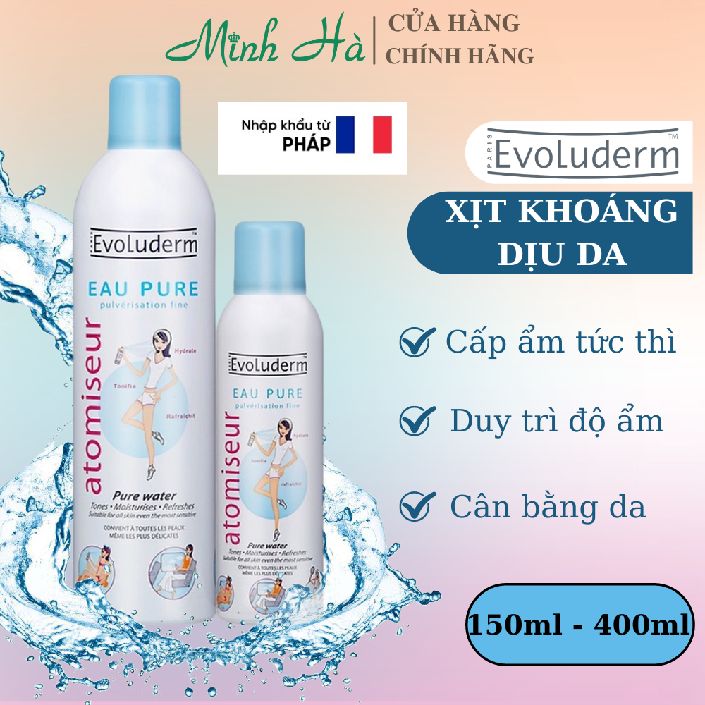 Xịt khoáng Evoluderm Eau Pure 400ml nhập khẩu từ Pháp cung cấp độ ẩm cho da săn chắc và rạng rỡ tự nhiên