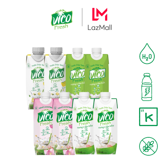Combo 8 hộp nước dừa Vico Fresh 330ml 2 Tắc, 2 Sen, 2 Xiêm, 2 Dứa
