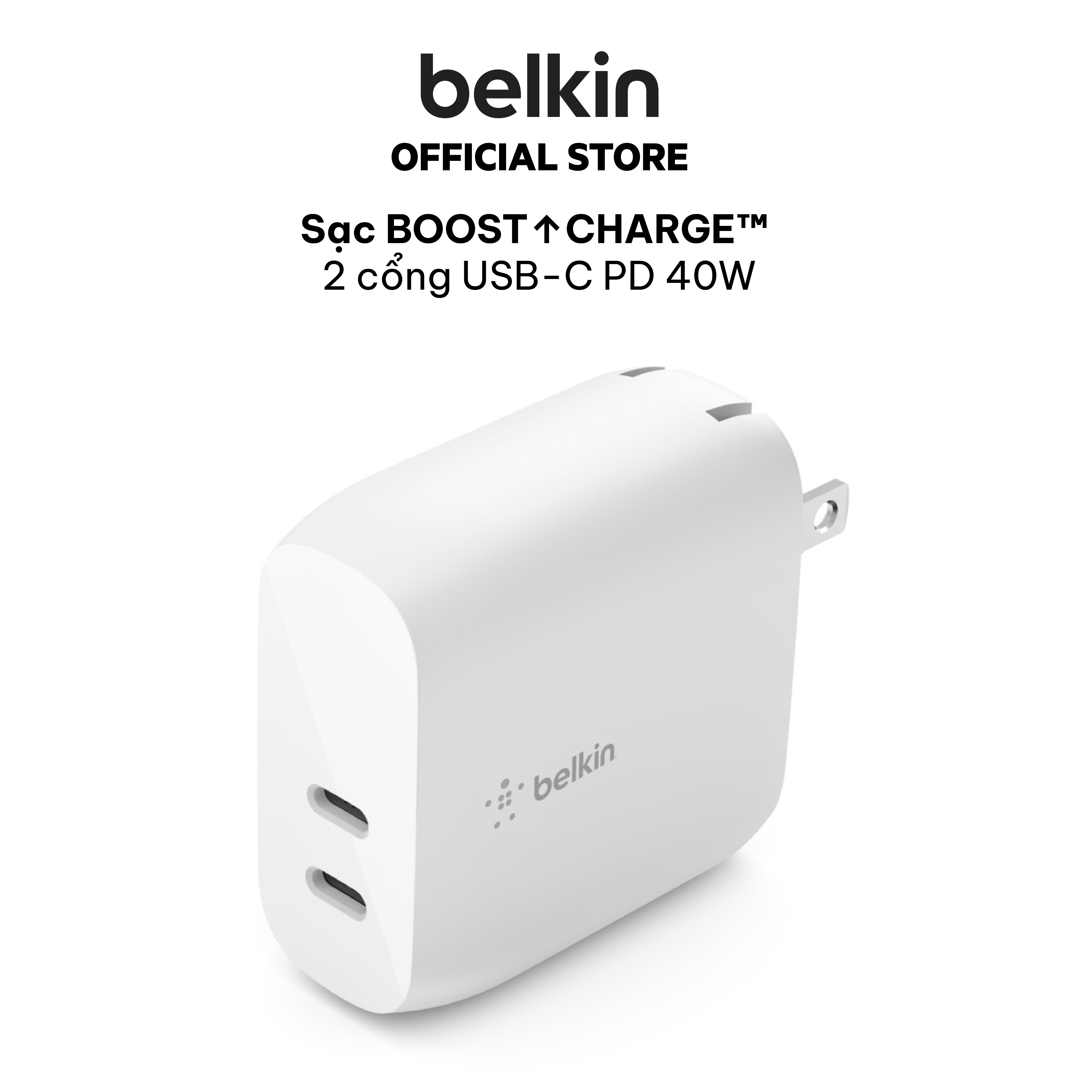 Adapter sạc nhanh BOOST CHARGETM Belkin 40W - 2 cổng USB-C PD 20W