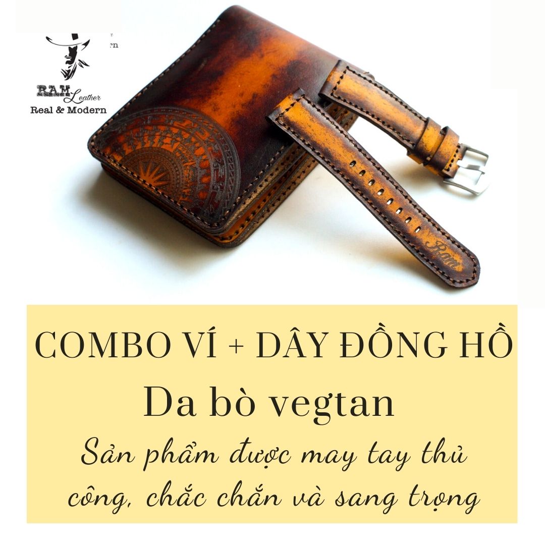 Combo Ví Siêu bền + Dây da đồng hồ Siêu bền Socola Nền Vàng Da Bò Vegtan Ý