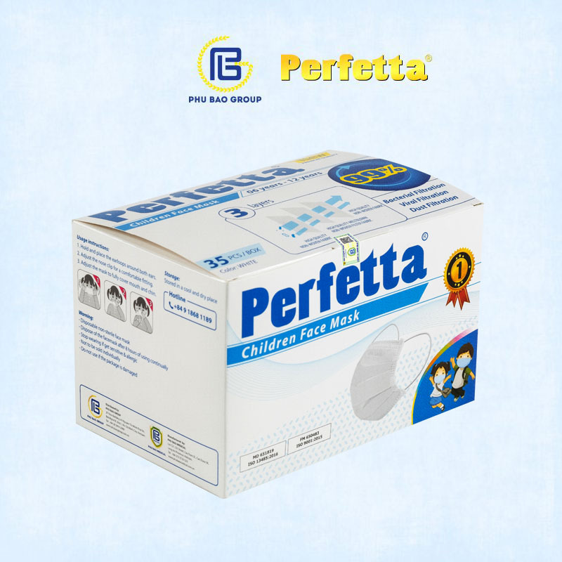 Khẩu trang y tế Perfetta Trẻ em 3 lớp kháng khuẩn, kháng virut màu TRẮNG (35 cái/ hộp) đóng gói riêng từng cái