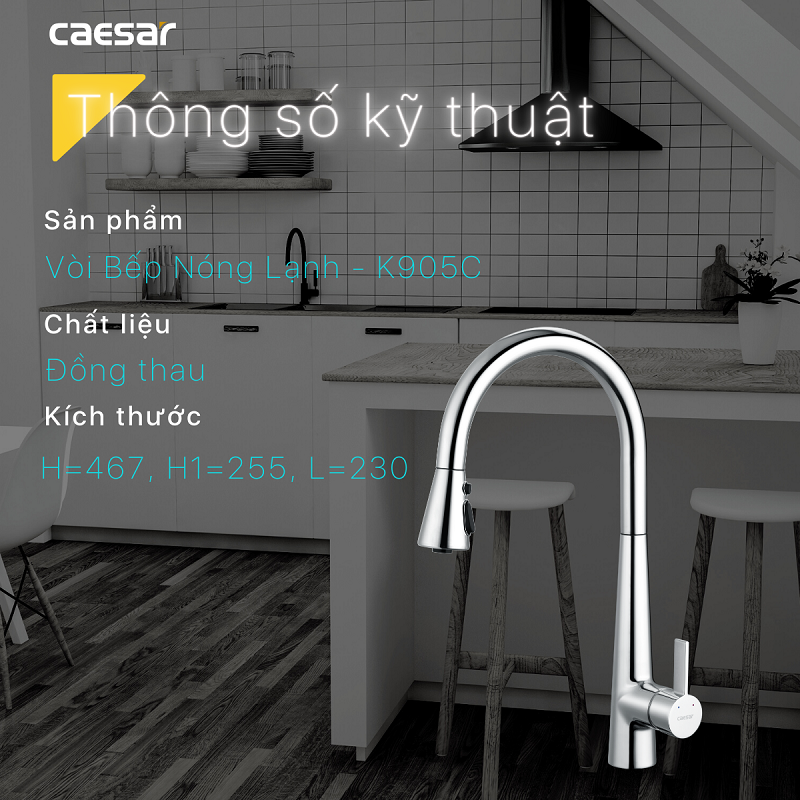 Vòi rửa chén nóng lạnh Caesar K905C, Vòi bếp 2 đường nước, Cam kết chính hãng