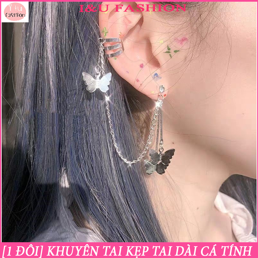 [ 1 ĐÔI ] Khuyên tai kẹp tai dài hình bướm màu bạc dạng dây xích độc đáo cá tính trẻ trung và cool ngầu thời trang cho các bạn trẻ KT-44