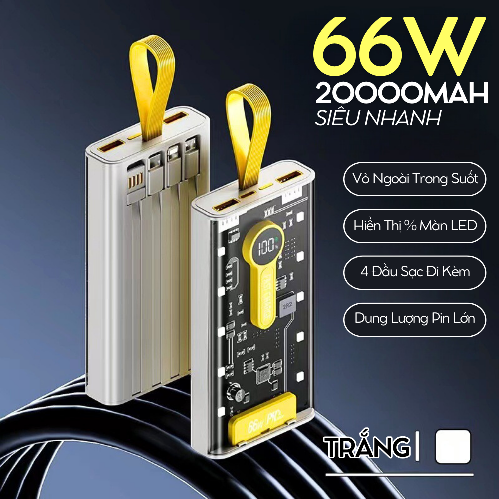 Sạc Dự Phòng Trong Suốt 20000mAh 66W Sạc Siêu Nhanh Siêu Bền Kết Hợp Led Soi Sáng Với 4 Đầu Sạc Và 3 Cổng Sạc Tiện Dụng 2 Cổng USB, 1 Cổng Type C