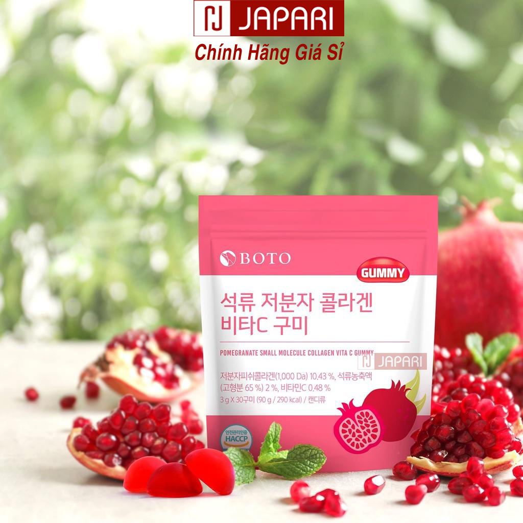 Kẹo dẻo Collagen Vị Lựu - Kẹo Collagen Vitamin C Gummy Boto Dưỡng Da Sáng Mịn, Kẹo Dẻo Collagen Hàn Quốc Gói 90G - Japari