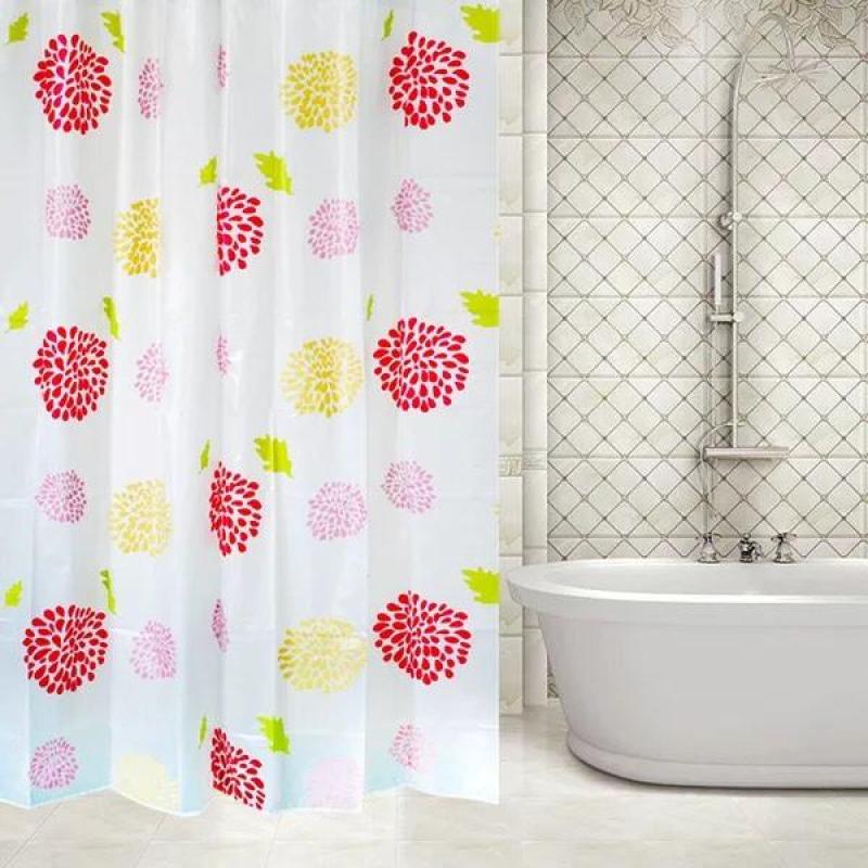 Rèm Phòng Tắm / Rèm Cửa Sổ Trắng Họa Tiết Hoa Đỏ Lớn 180cm X 180cm Loại 1