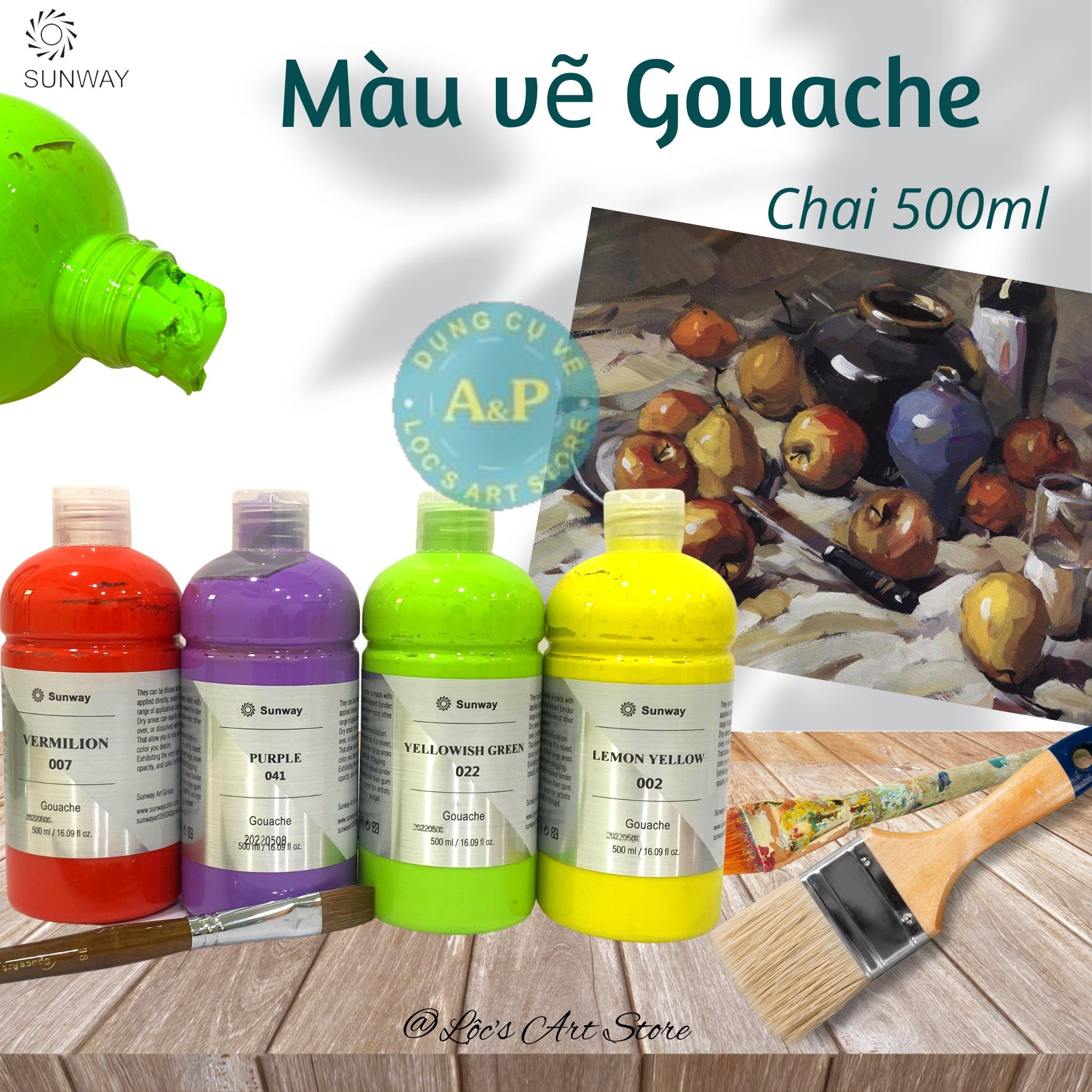 Màu vẽ gouache, màu bột sunway đài loan chai 500ml