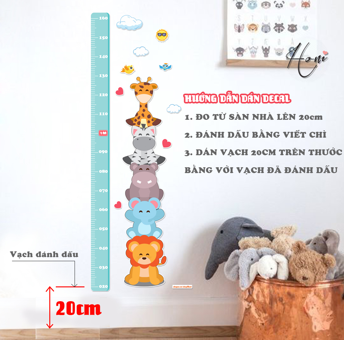 Decal Thước Đo Chiều Cao Cho Bé - Thước đo hình động vật
