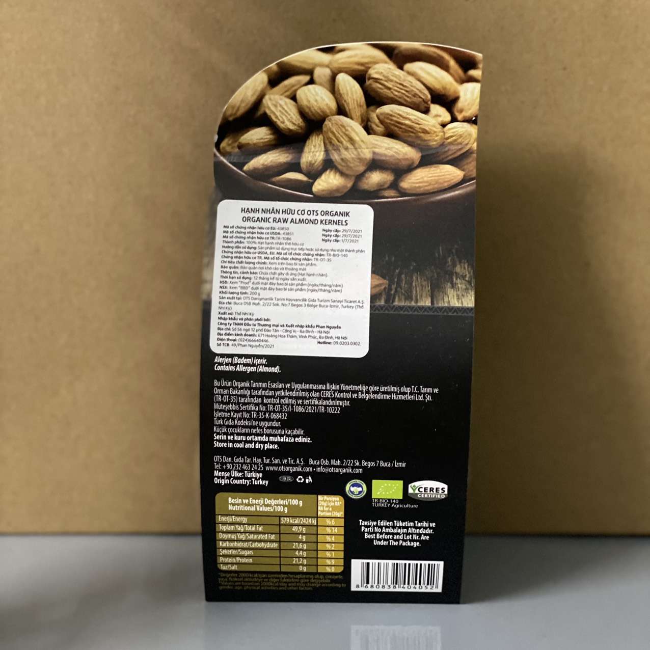Hạnh nhân thô hữu cơ (OTS Organic Raw Almonds) - 200gr