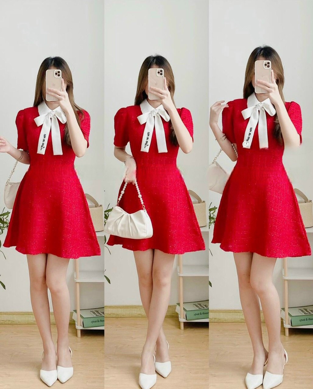 Váy đầm nữ ggân xước phối cổ cột nơ in chữ