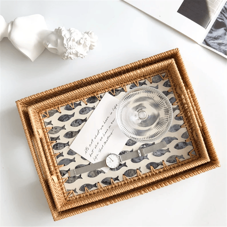 Khay mây chữ nhật khảm trai decor đồ ăn,trang trí tiệc
