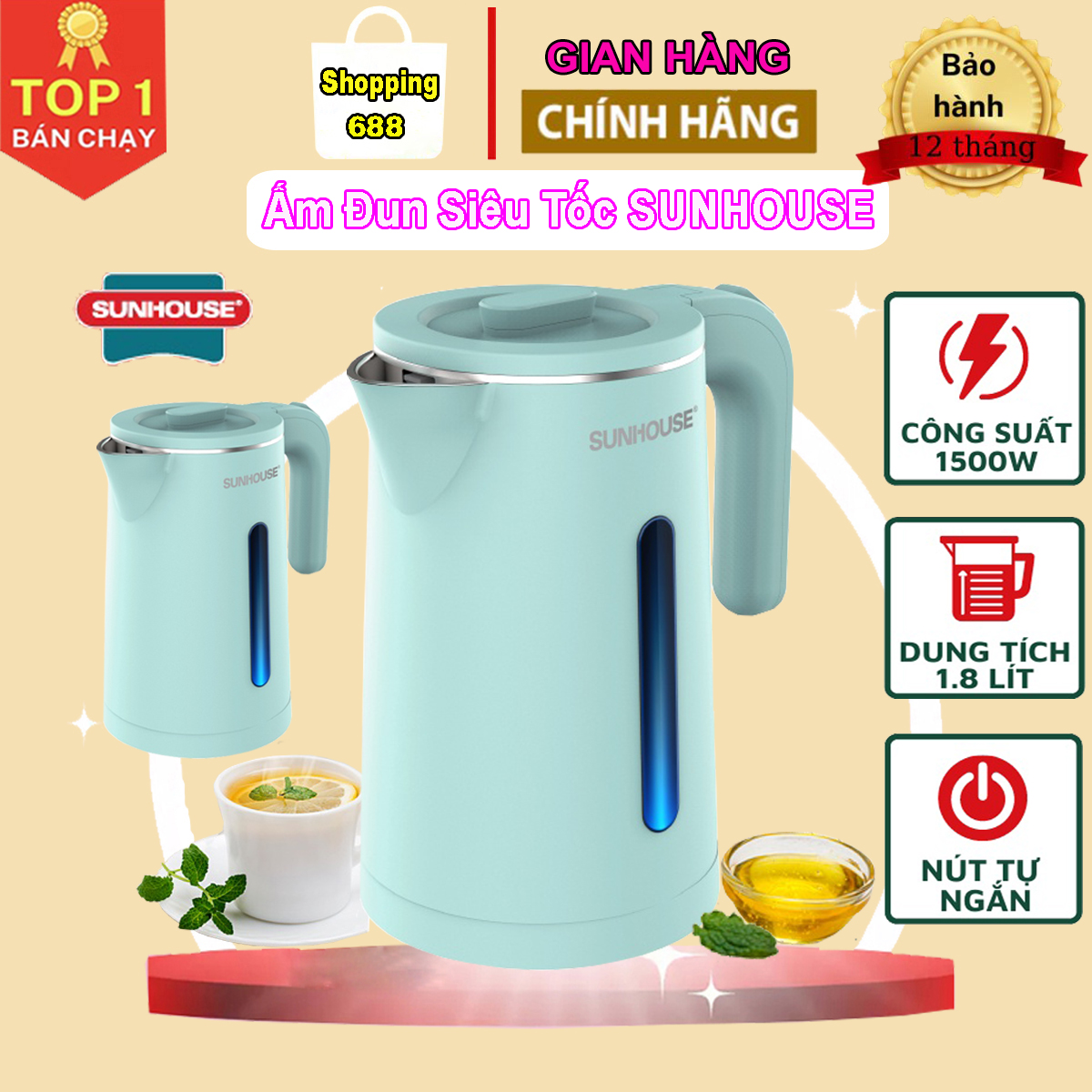 Ấm siêu tốc sunhouse shd 1351 - bình đun nước siêu tốc 2 lớp cao cấp, công suất 1500w, dung tích 1.8l, cách nhiệt chống giật tiết kiệm điện năng, ấm đun nước siêu tốc, ấm siêu tốc cao cấp, ấm đun nuoc sieu toc