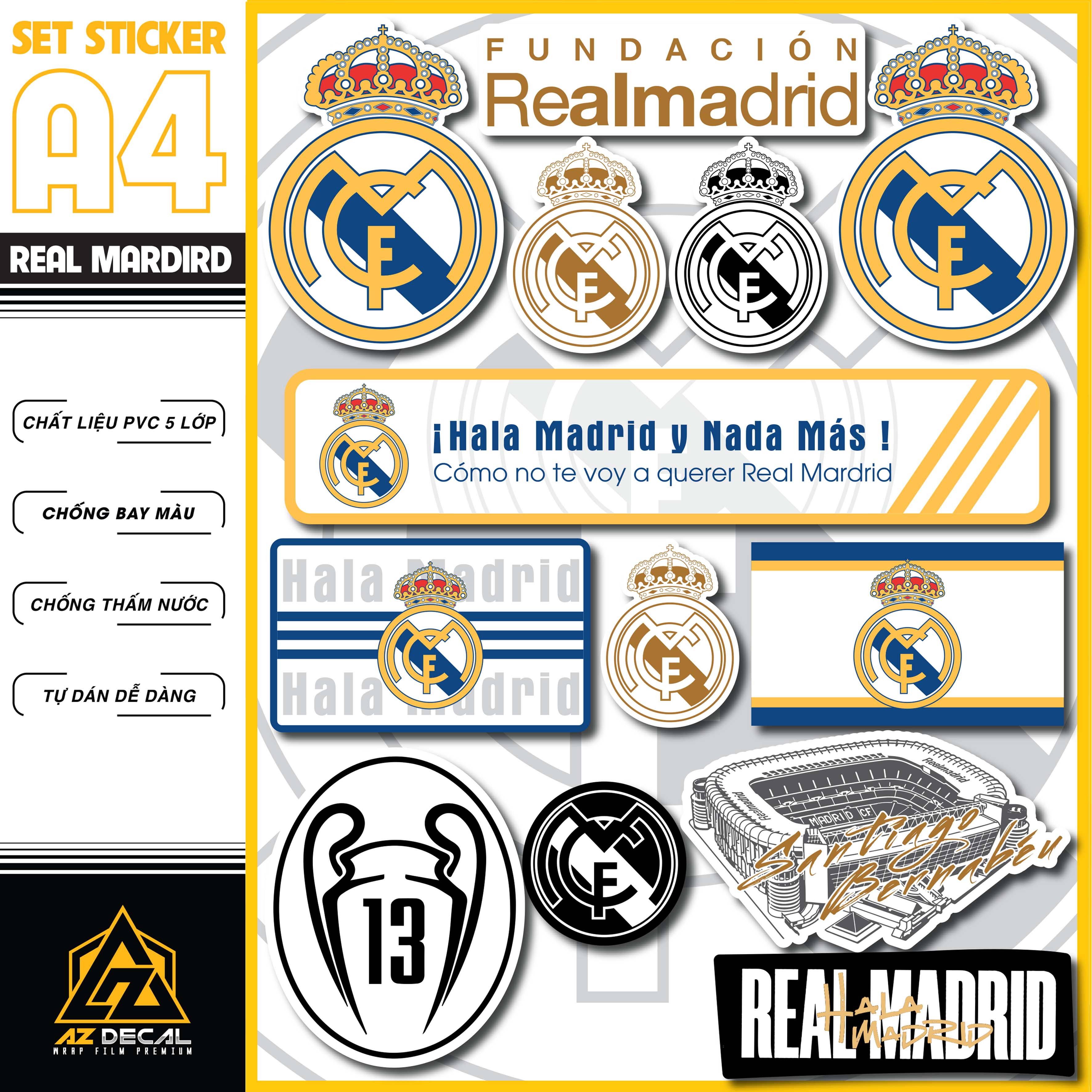 Sticker Bóng Đá CLB Real Madrid Dán Tem Xe, Dán Nón, Điện Thoại, Laptop