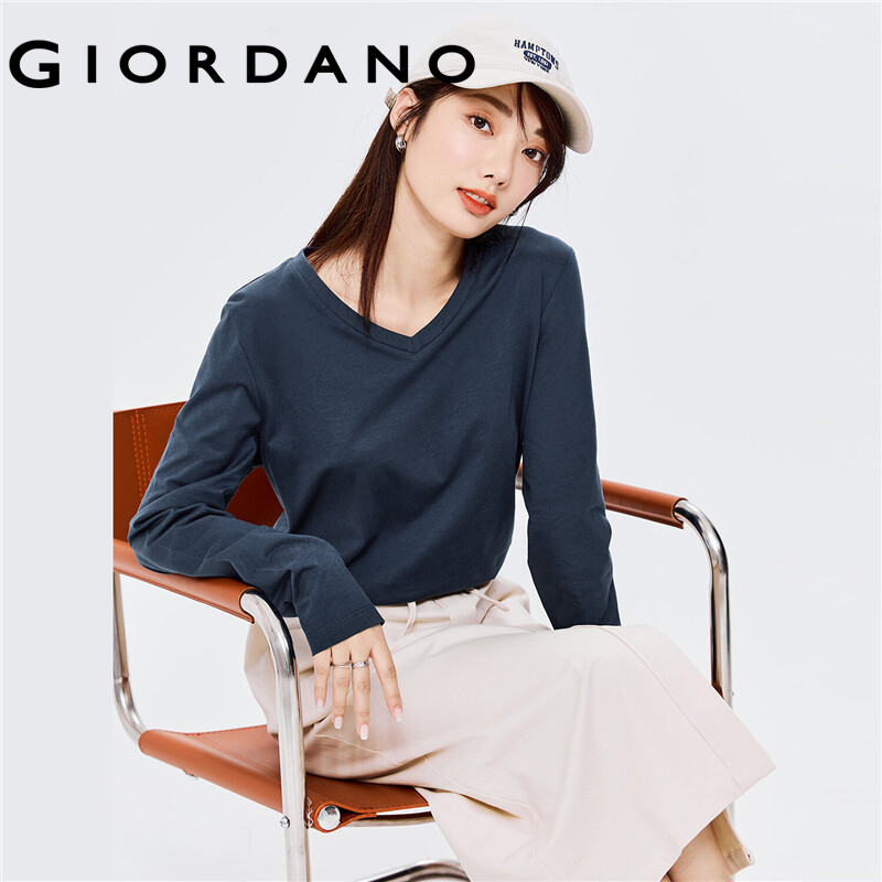 Áo thun nữ T-shirt cổ chữ V tay áo dài màu thuận cao cấp giản dị chất 100% vải cotton mặc thường ngày thu đông GIORDANO Free Shipping 13322759