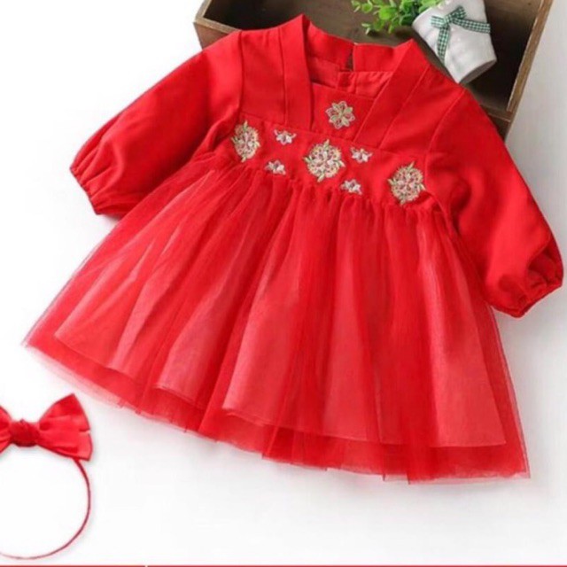 Váy (Đầm) Đỏ Gấm Ren Thêu Hoa Kiểu Hàn(8-22Kg)