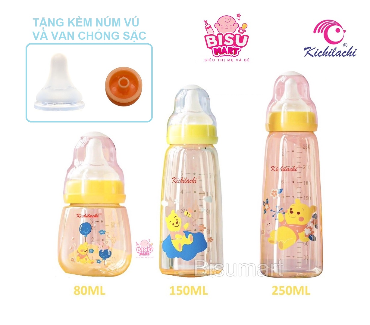 Bình sữa PPSU cổ hẹp cao cấp Kichilachi cho bé 80ml 150ml 250ml