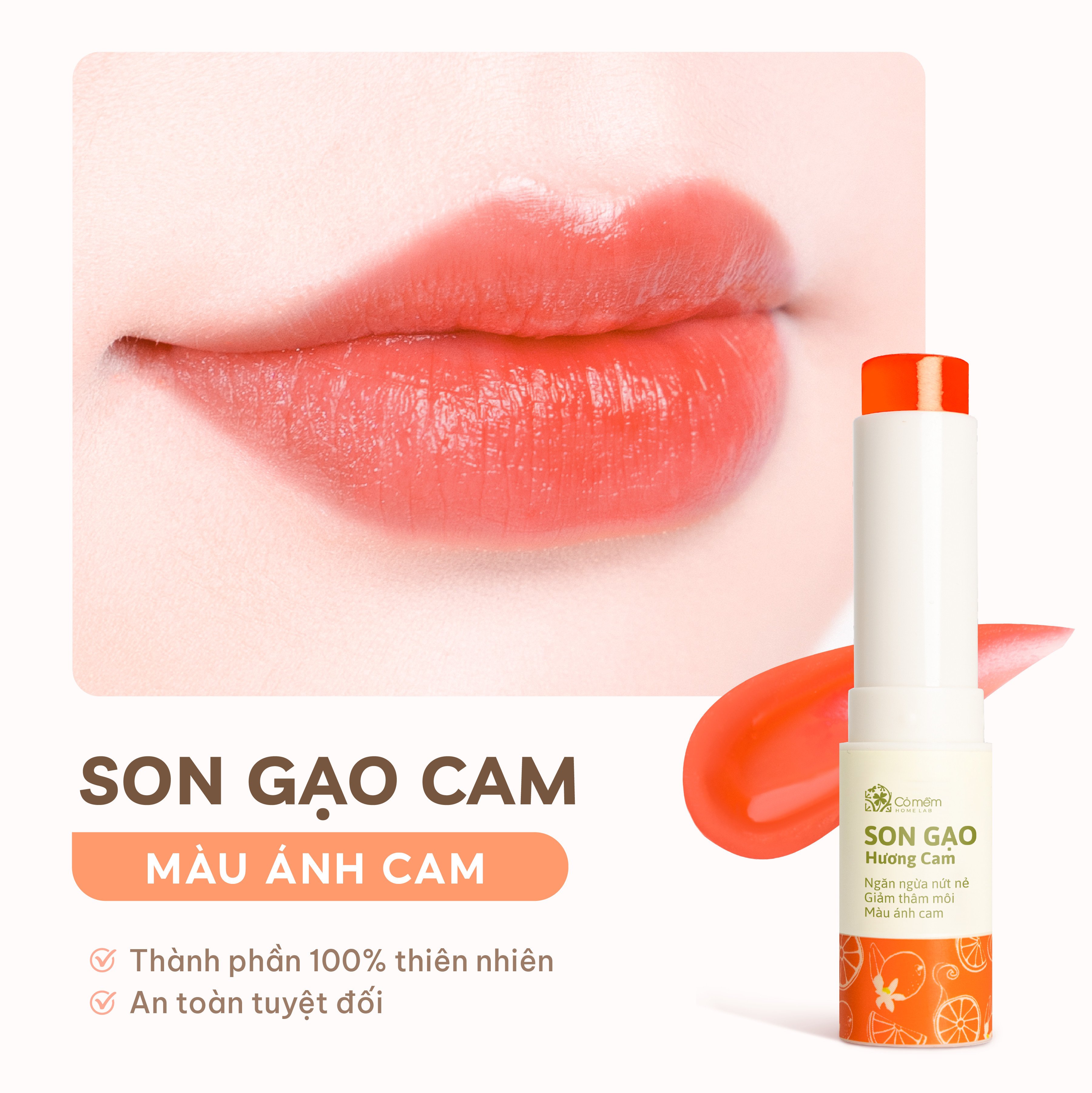 Son Dưỡng Môi Có Màu Gạo Hương Cam Dưỡng Môi Mềm Mại, Giảm Thâm Môi Cỏ Mềm 3,6g