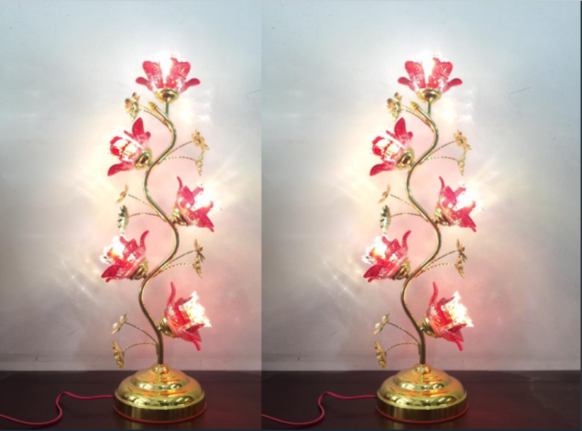 2 CÂY ĐÈN THỜ HOA THỦY TINH PHA LÊ CÁO CẤP 5 BÔNG 75 CM