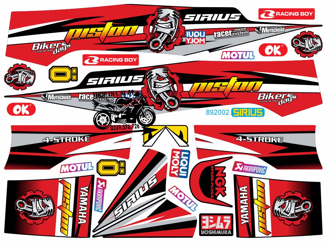 Tem Rời 3 Lớp SIRIUS MẪU PISTON ĐỎ ĐEN VÀNG MS 892002 - Dán Cho Sirius Xăng Cơ