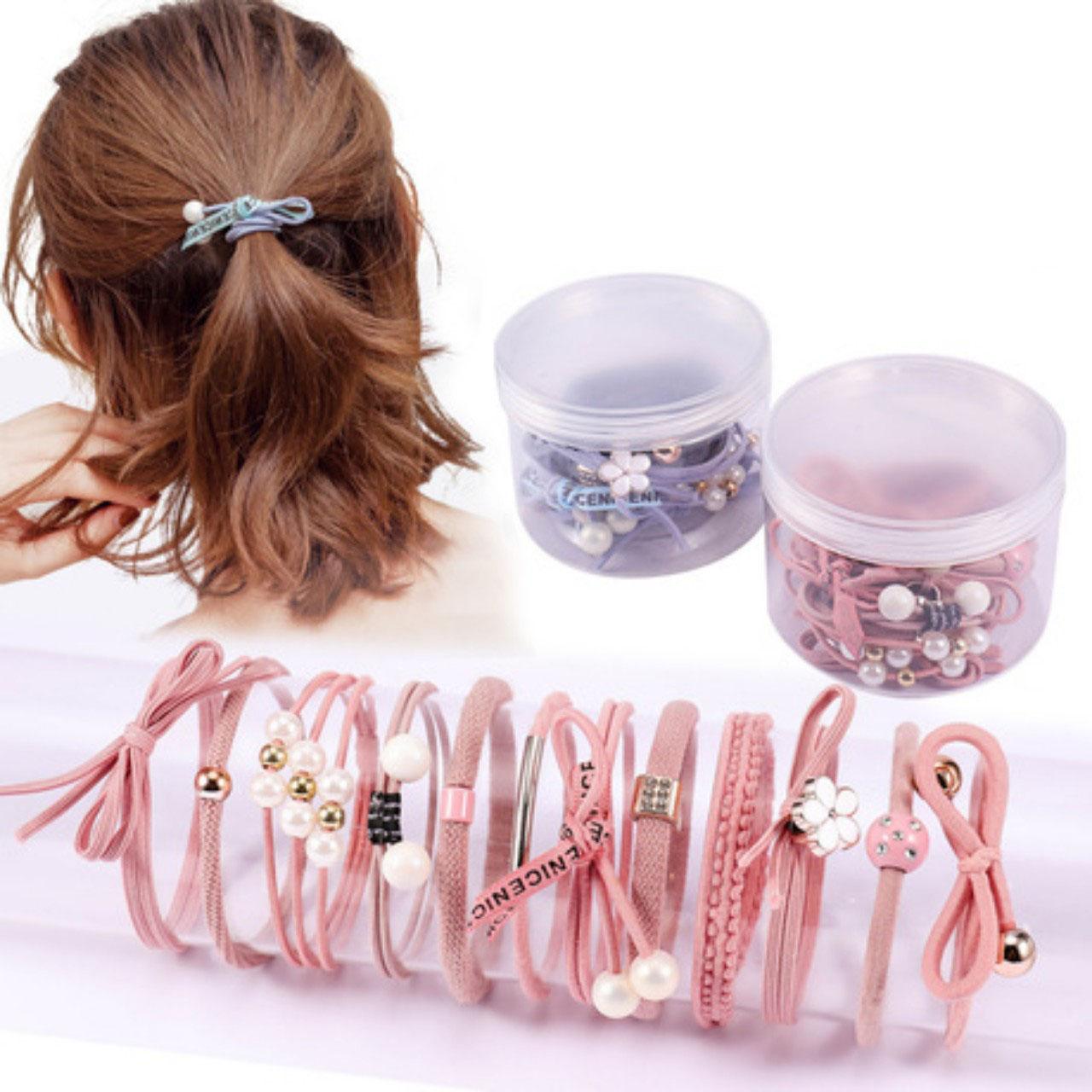 Bộ 12 thun cột tóc Hàn Quốc siêu cute (Hồng nhạt - Gồm Hộp)