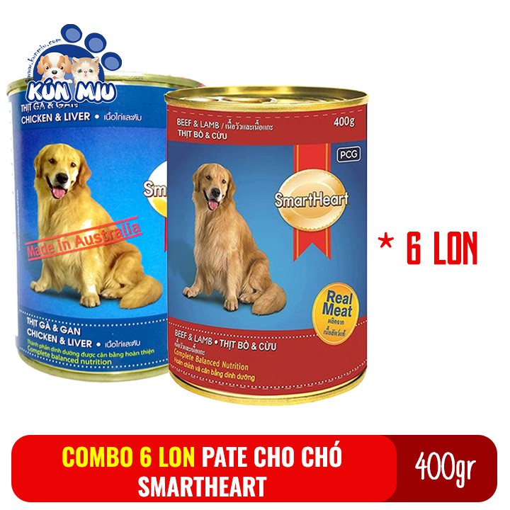 [Hoàn Tiền 10%] Combo 6 lon Thức ăn Pate cho chó Smartheart lon 400gr