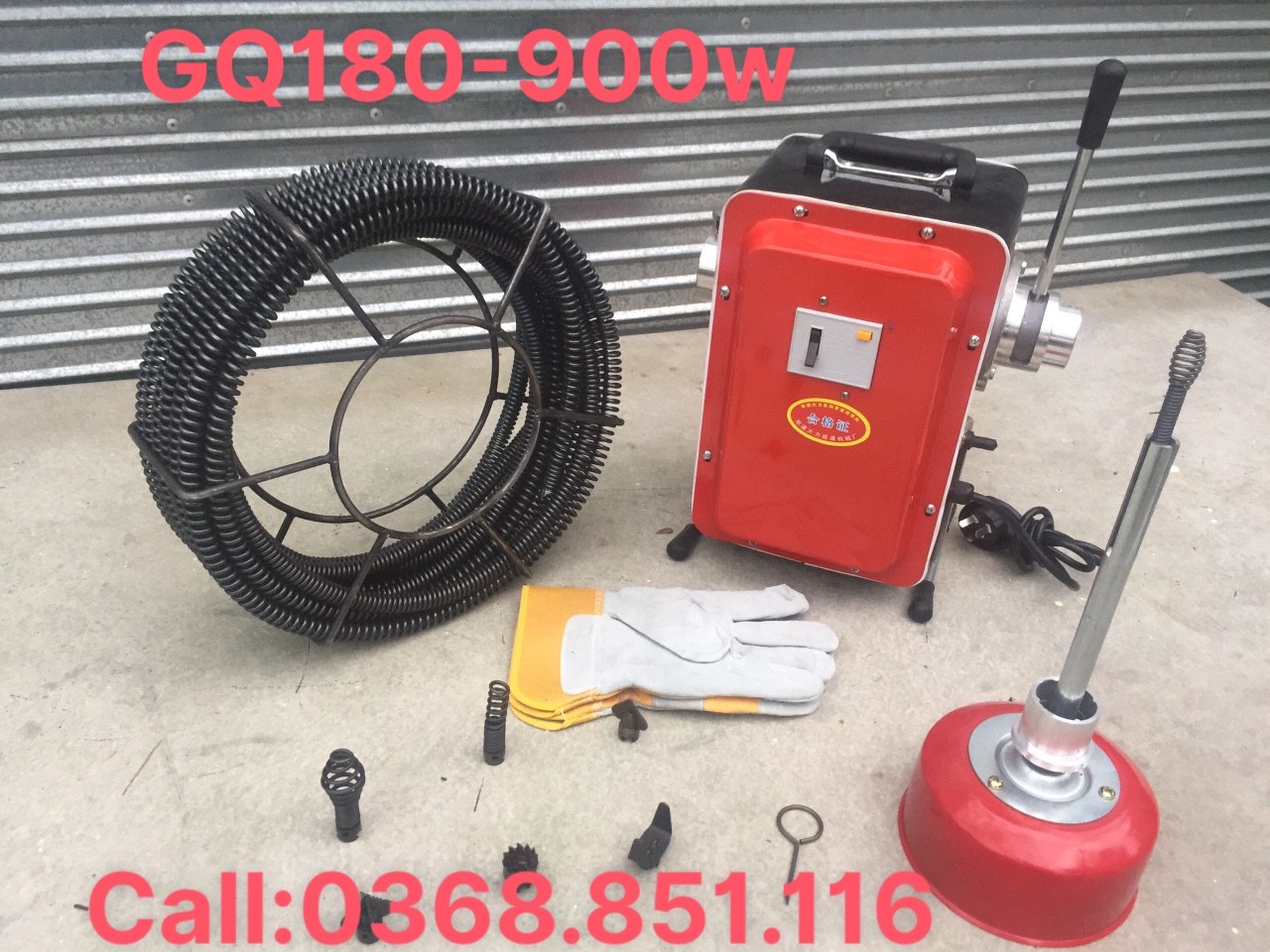 Máy thông tắc cống, đường ống GQ180 công suất 900W kèm theo 2 cuộn dây phi 8, 16 và 6 đầu thông