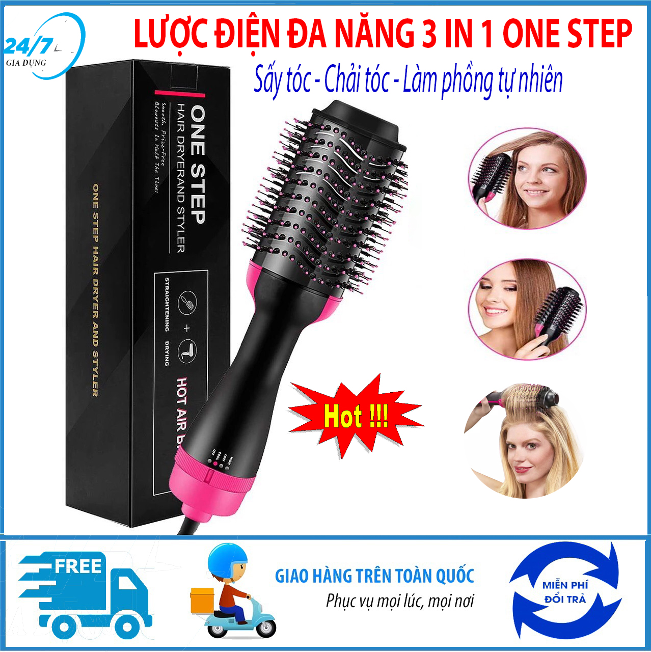 Máy sấy tóc đa năng 3 in 1 One Step, lược điện kiêm máy sấy, tạo phồng, uốn cụp, chải thẳng tóc, máy tạo kiểu tóc, máy làm tóc đa năng - Giadungbv247