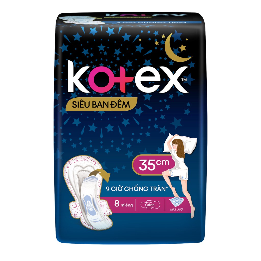 Combo 8 gói băng vệ sinh Kotex ban đêm dài 35cm gói 3 miếng, băng vệ sinh Kotex siêu ban đêm dài 35cm