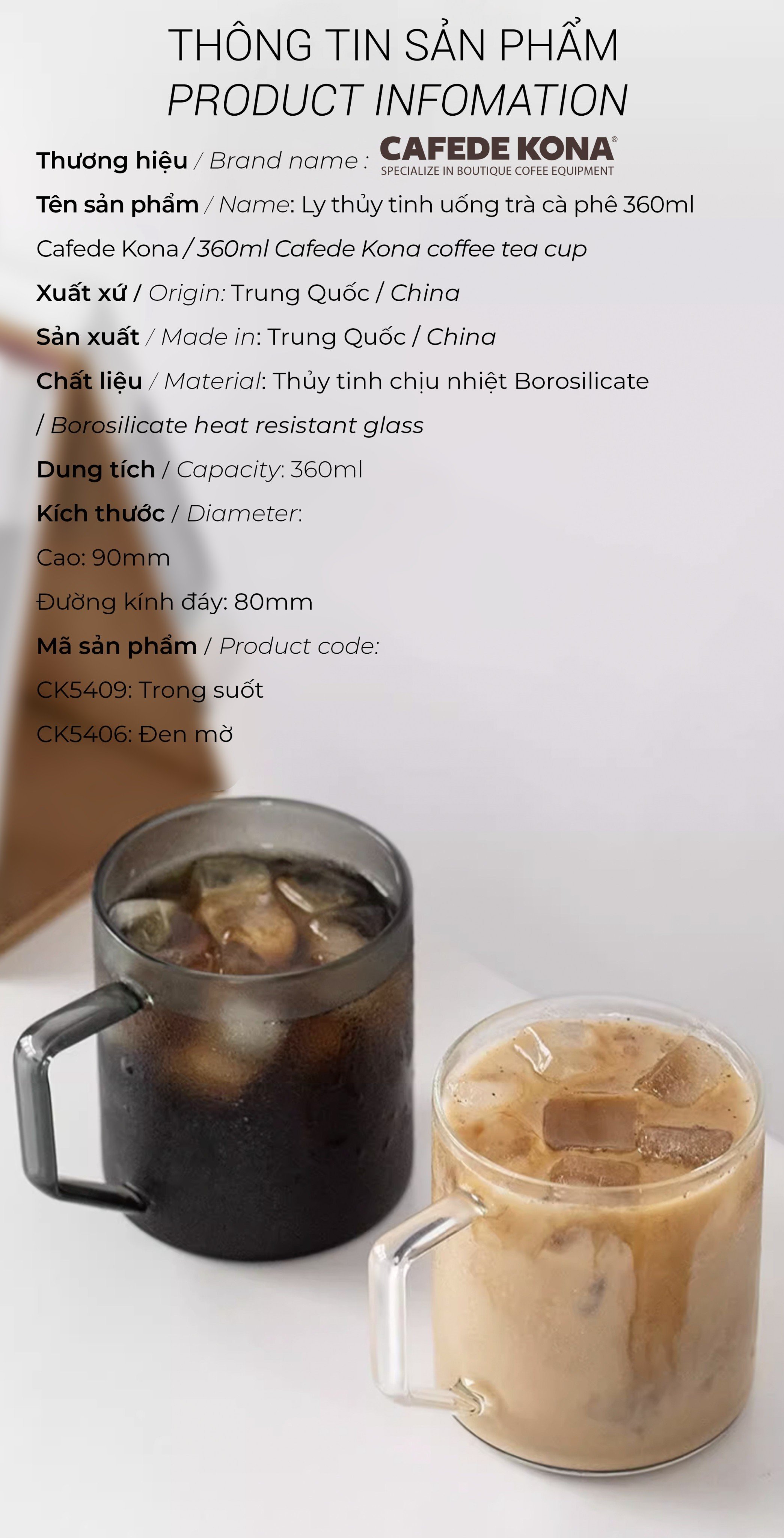 [HCM]Ly thủy tinh uống trà cà phê 360ml Cafede Kona