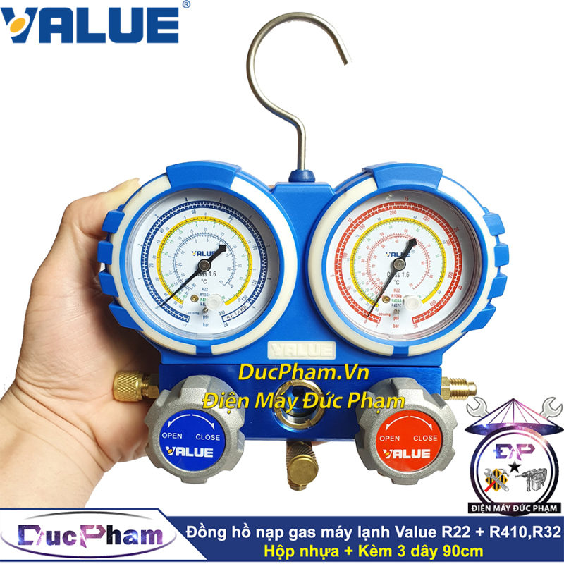 Đồng hồ nạp gas đôi máy lạnh Value R22/R410,R32 hộp nhựa có dây ( Công Ty ) - Đồng hồ nạp gas đôi Value R22 có dây