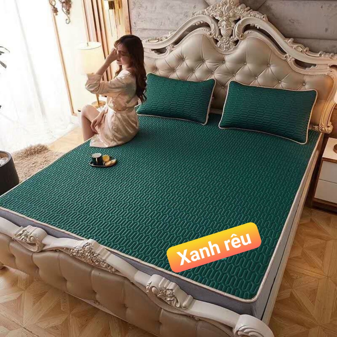 Chiếu cao su non mát lạnh mùa hè xanh rêu đậm tặng kèm 2 vỏ áo gối 1m6 x2m