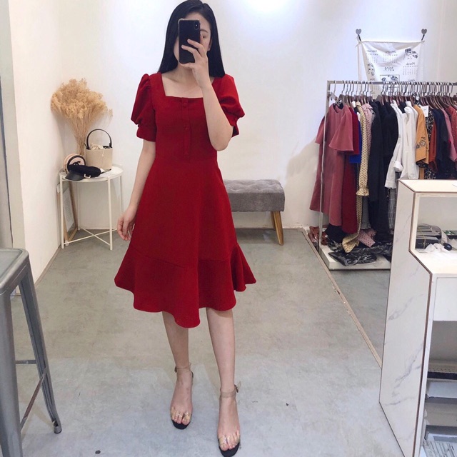 ĐẦM DỎ ĐUÔI CÁ, NÚT BỌC (có ảnh thật) MS72