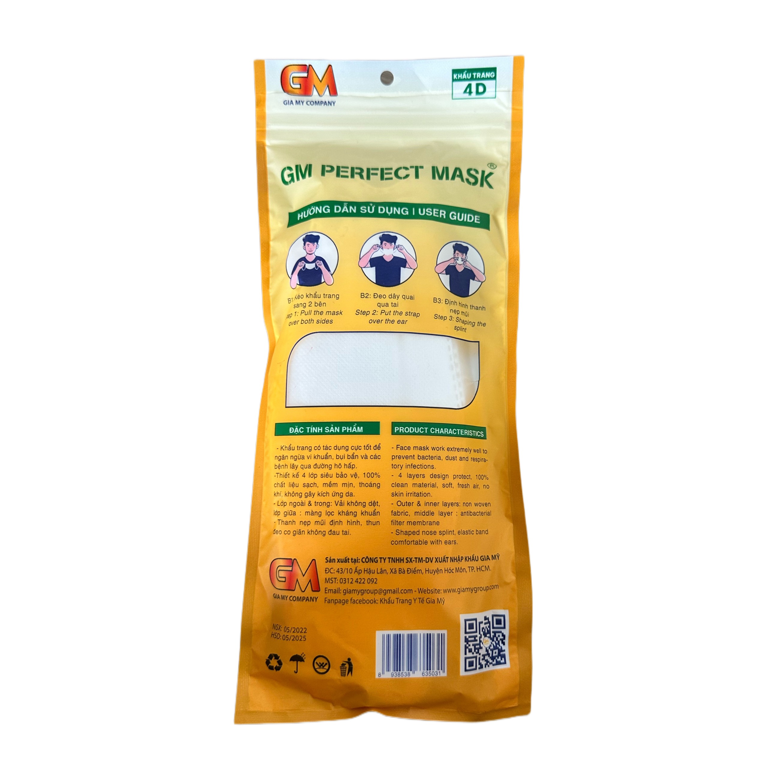 10 chiếc Khẩu trang 4D KF94 Gia Mỹ ôm gọn mặt, vải mềm mịn, êm tai