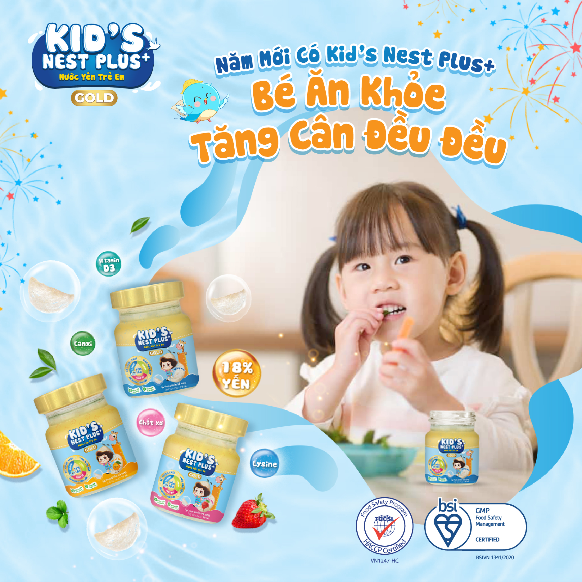 Yến Sào Cho Bé Hộp 6 Hũ Kid's Nest Plus+ GOLD Hỗ Trợ Sức Khỏe Trẻ Ăn Ngon Cao Lớn (6 hũ x 70ml)