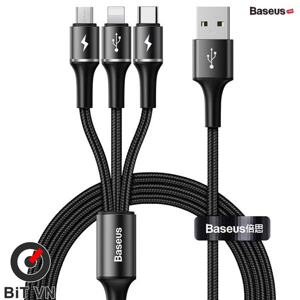 Cáp sạc vải dù Baseus Data Halo 3 in 1 (USB to Type C/ Lightning/ Micro, 3.5A Fast Charging & Sync Data Cable) - BiT VN