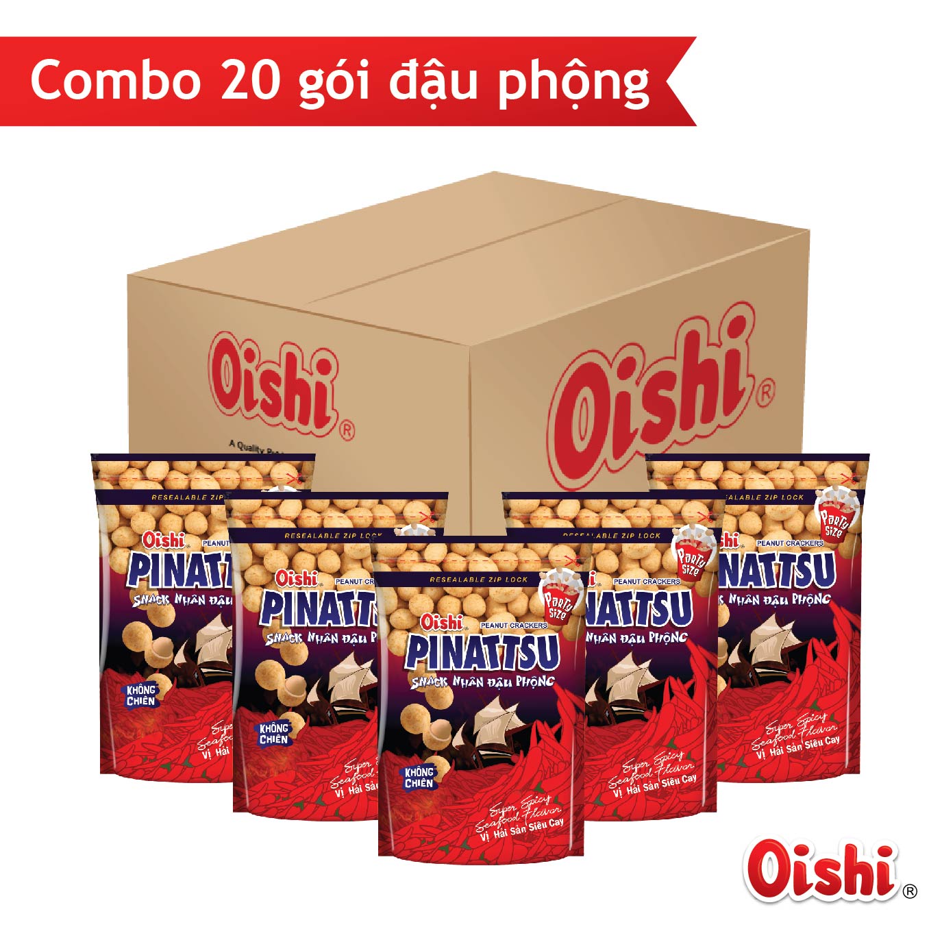 Combo 20 gói Oishi Snack Nhân Đậu Phộng Vị Hải Sản Siêu Cay Pinattsu 90g