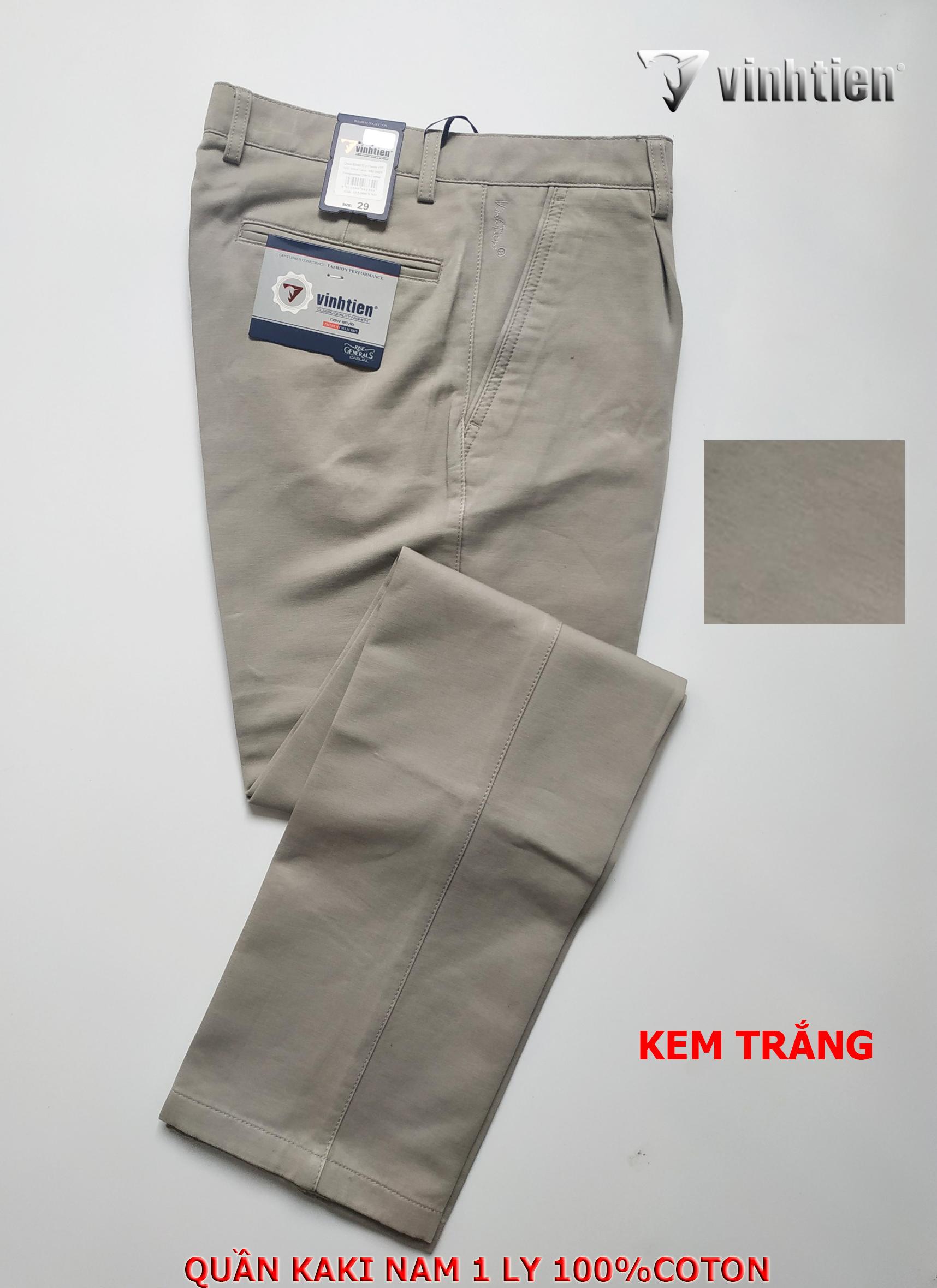 Quần Kaki 1 Ly Trung Niên Vĩnh Tiến 100% Cotton 499, Mẫu Màu Kem Trắng