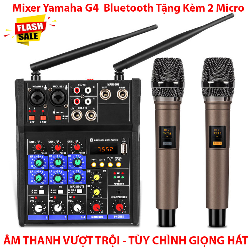 Combo Trọn Bộ Mixer Yamaha G4 Bluetooth - Tặng Kèm 2 Micro Không Dây ,Bàn Mixer G4 Live Stream | Karaoke Xe Hơi Hỗ Trợ Màn Hình LED Có Bluetooth Dành Cho Loa Kéo - Âmly Dàn Hát Karaoke Gia Đình Âm