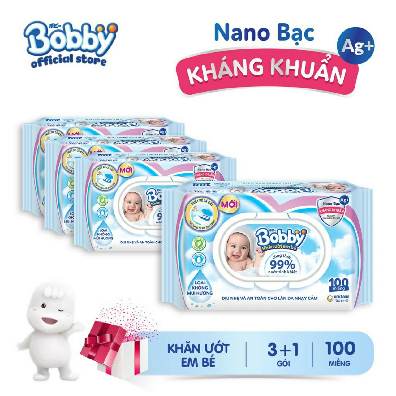Date 2025-  Combo 4 Khăn ướt Bobby 100 tờ không mùi