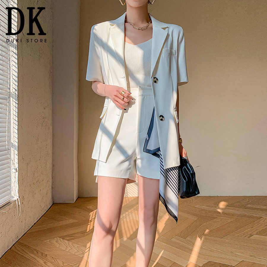 Áo khoác blazer, áo vest blazer nữ ngắn tay dáng dài màu trắng cực yêu BLU0018 - DUKI STORE