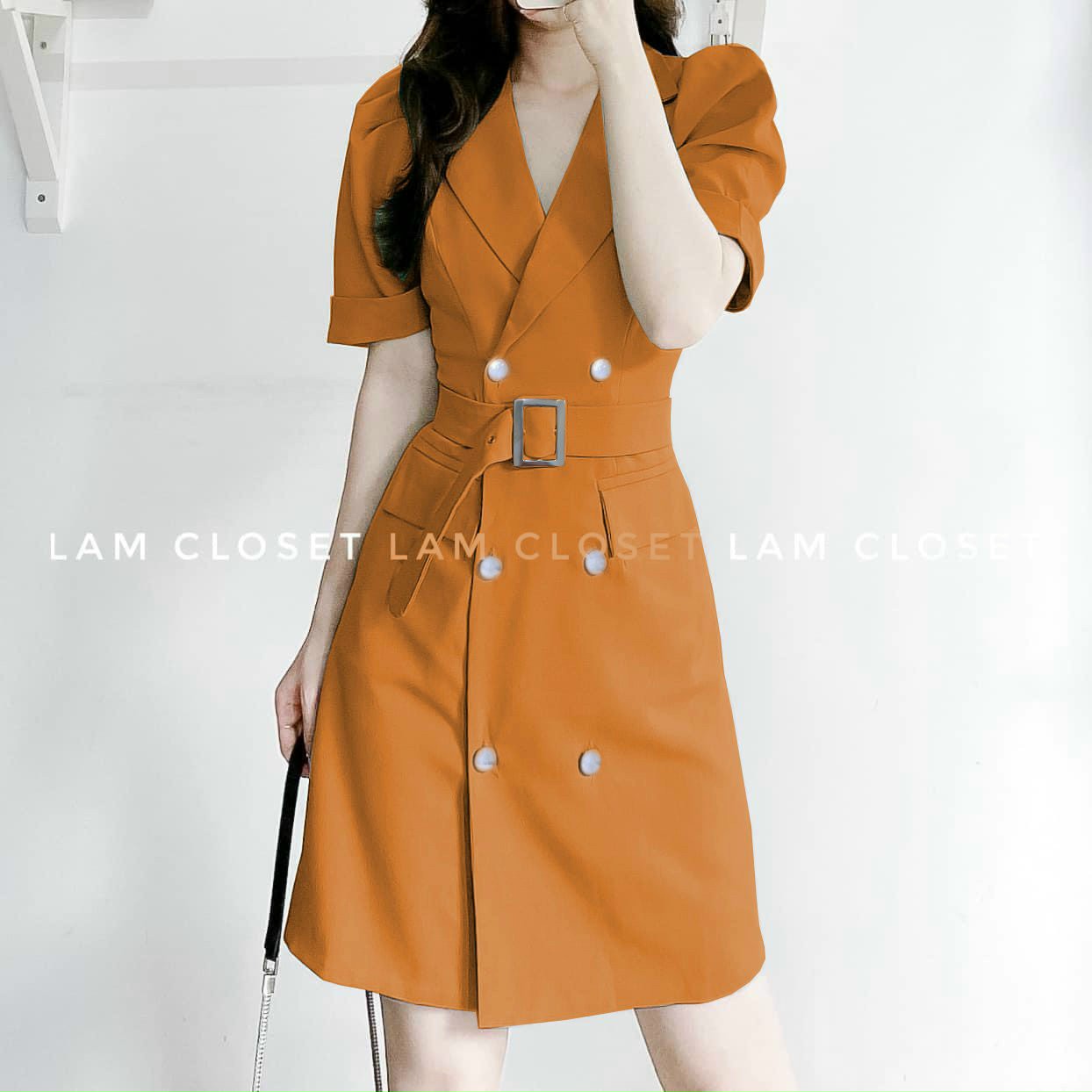Đầm nữ dạng cổ vest đính nút kèm khoen