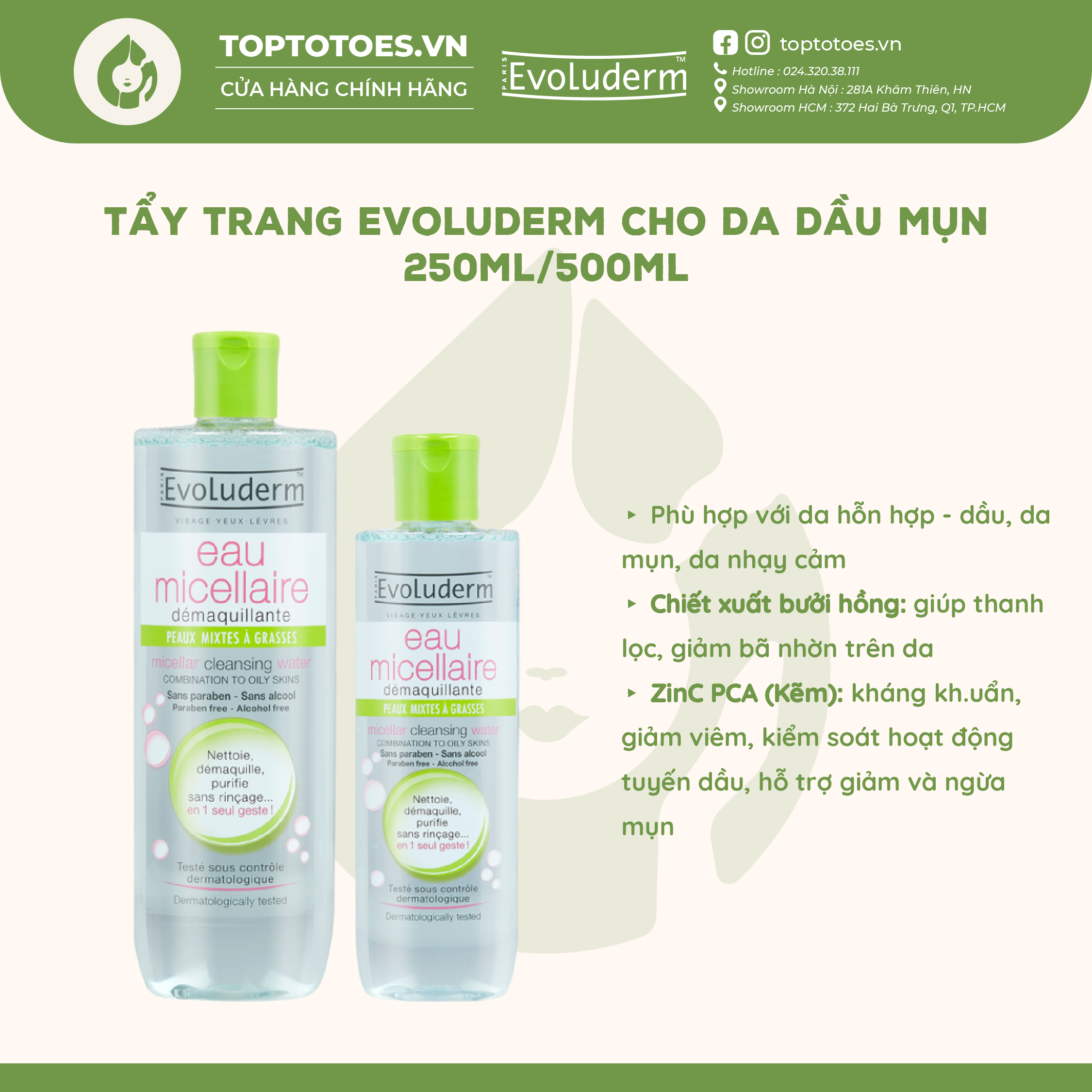 Nước tẩy trang Evoluderm Eau Micellaire 100ml/250ml/500ml