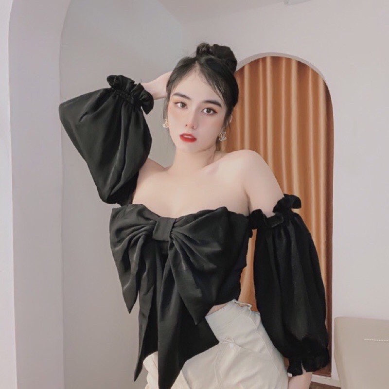 Áo kiểu bệt vai nơ ngực( chất đẹp)